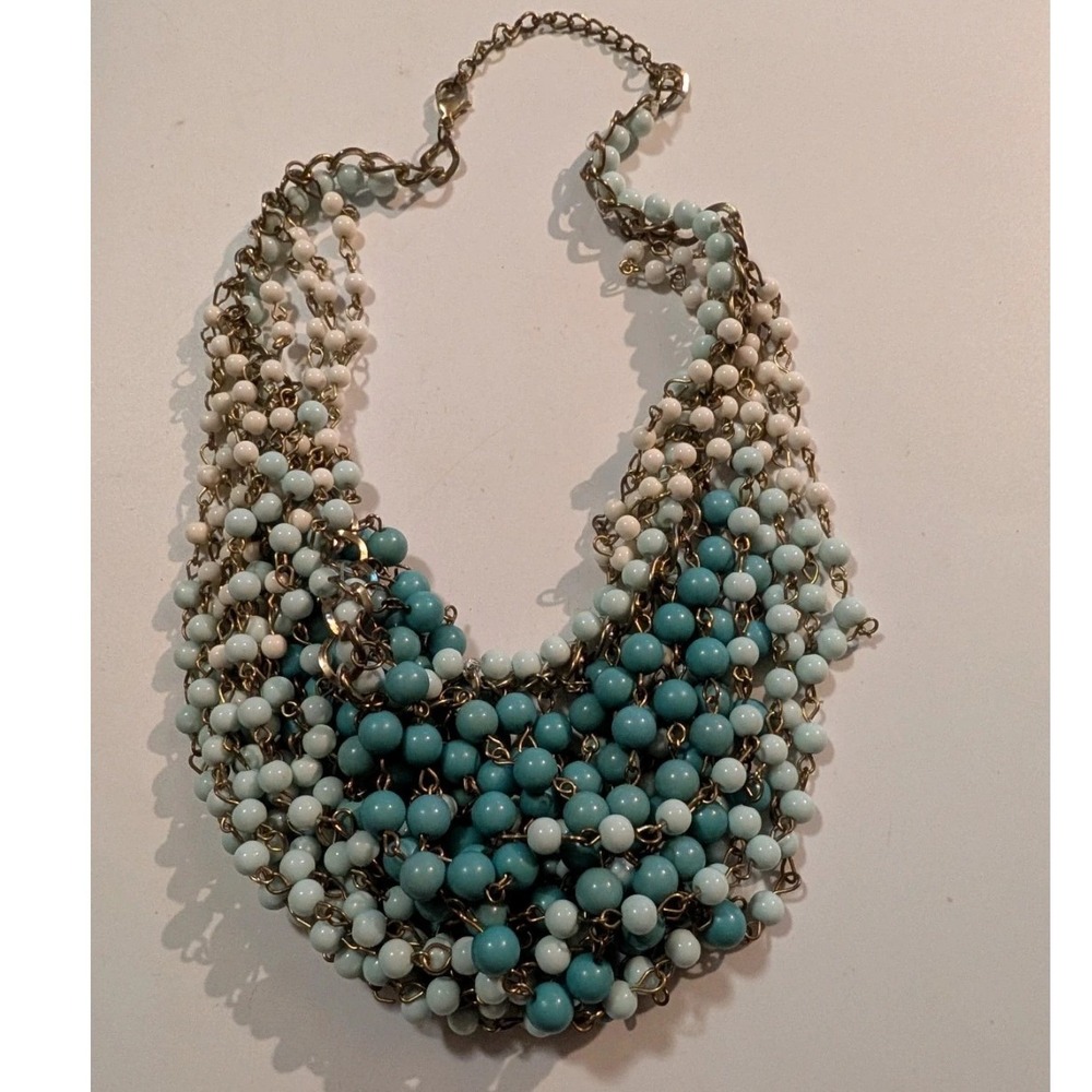 Blue Teal White Multi Strand Beaded Bib Statement Necklace Gold Tone Chain